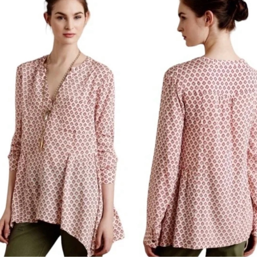 Anthropologie Maeve Laiken Floral Block Print Asymmetrical Henley Tunic Top 2